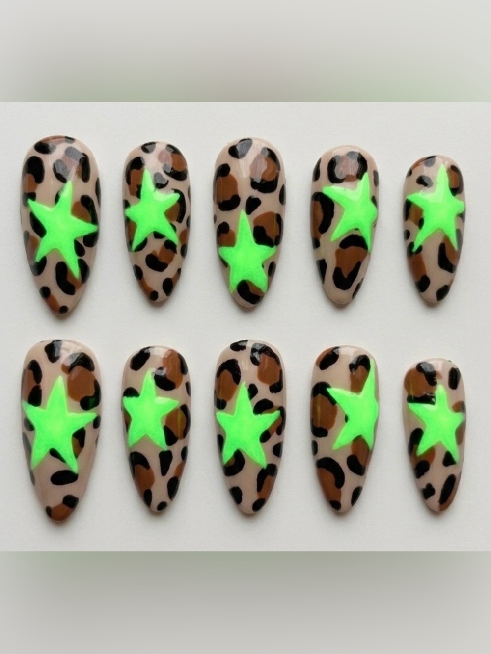 Leopard Print Press-On Nails with Neon Green Stars
